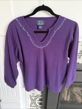 Cherokee Purple V-Neck Floral-Trim Women's Long-Sleeve Top